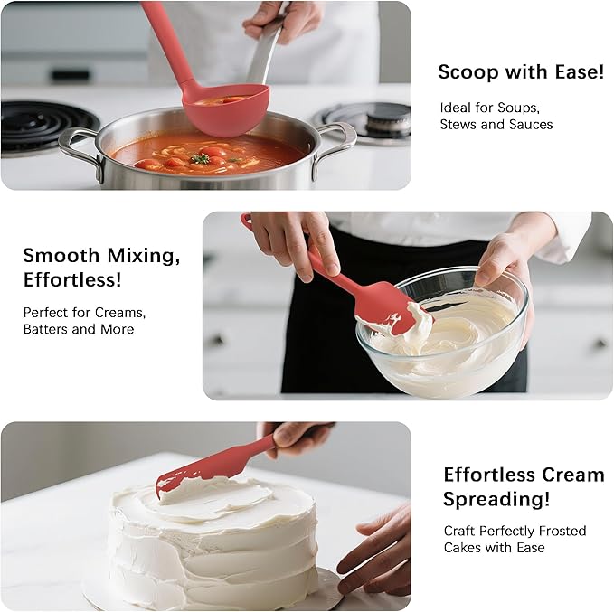 Coukre Silicone Kitchen Cooking Utensils Set with Holder ??Heat-Resistant, Food-Grade Kitchen Tools, Spatula, Spoon & Gadgets for Non-Stick Pans, Dishwasher Safe (14, PureRed)
