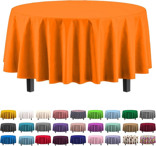 Party Solids 6-Pack Premium Plastic Tablecloth 84in. Round Plastic Table Cover - Orange