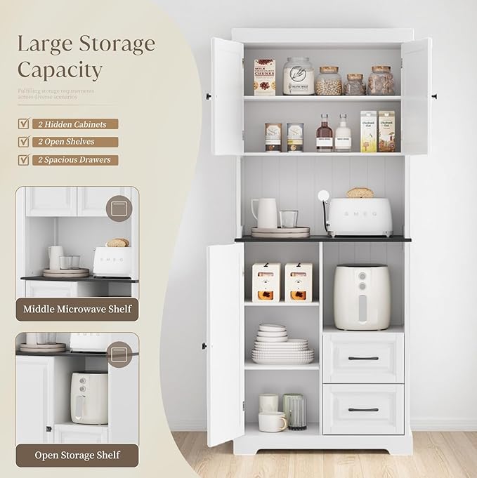 71" Tall Kitchen Pantry Cabinet, White Wooden Storage Cabinet with Drawers & Wire Hole & Adjustable Shelves & Anti-Tip Device, Multipurpose Pantry Cabinets for Kitchen Bathroom Living Room