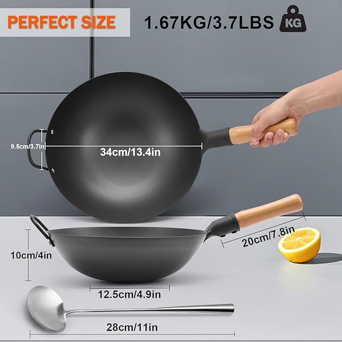 WANGYUANJI Iron Wok,13.38 inchTraditional Round-Bottom Wok, Chef?셲 Professional Stir-Fry Pan with Wooden Handle, Chemical-Free Wok for Gas Stoves and Round-Bottom Induction Stovetop(No lid included)