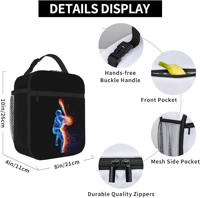 Boys Insulated Lunch Box with a Blue Baseball Player Pattern Print, Sports-themed Lunch Bags with Water Bottle Holder for Adults Kids Teens, Reusable Portable Tote Meal Bags Gifts for Son Daughter