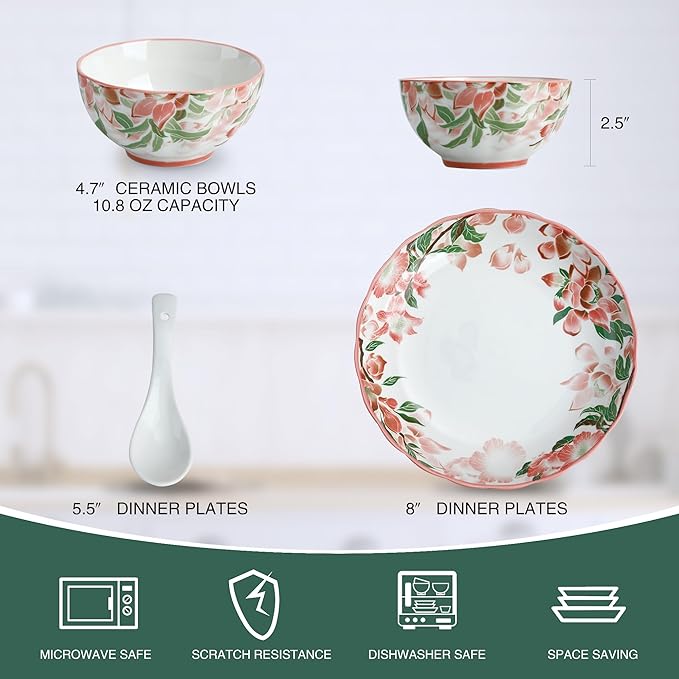 Premium Green Floral Porcelain Dinnerware Set of 2, 10-Piece Plates & Bowls for Family, Microwave & Dishwasher Safe, Luxury Gift Box Packaging