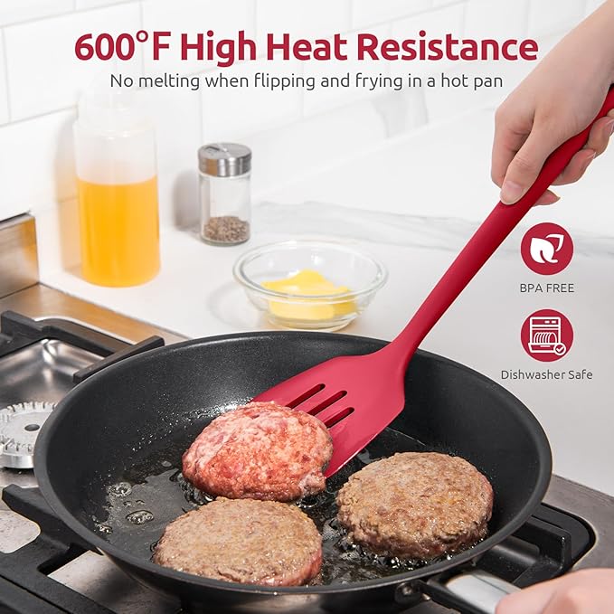 600쨘F Heat Resistant Slotted Turner: U-Taste 13.6in Silicone Kitchen Spatula Flipper, 3.74in Wide Food Grade Flexible Thin Rubber Cooking Utensil for Egg, Pancake, Cookie in Nonstick Cookware (Red)