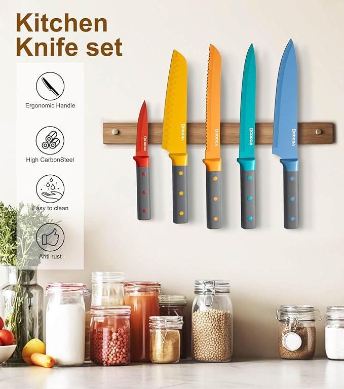 GOODA Knife Set,10 Pieces Nonstick Coating Kitchen Knife Set,Dishwasher Safe Stainless Steel Chef Cooking Knife Sets with 5 Blade Guards,Multicolor