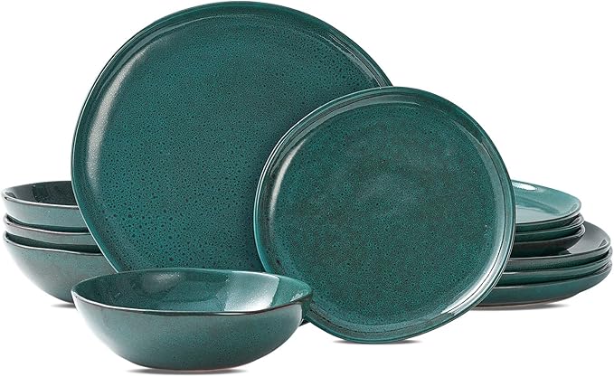 Bestone 12 Pieces Round Kitchen Dinnerware Sets竊똏lates and Bowls Sets,Dishes, Plates, Bowls, Dish Set, Chip Resistant Ceramic Dinnerware Set, Dishwasher/Microwave Safe,Service for 4,Ceylon Green