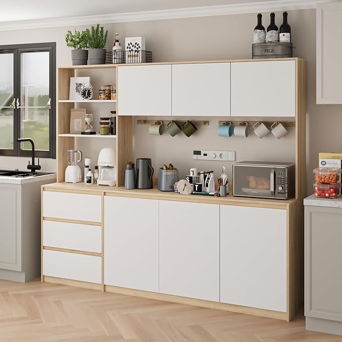 Extra Large Kitchen Pantry with Microwave Shelf, Kitchen Hutch Storage Cabinet with Countertop, Freestanding Countertop Cabinet with 3 Drawers and 3 Open Shelves, White + Walnut