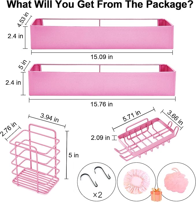 Premium Shower Caddy, 4 Pack Pink, Rustproof Stainless Steel, 25 lbs Weight Capacity, No Drill Installation