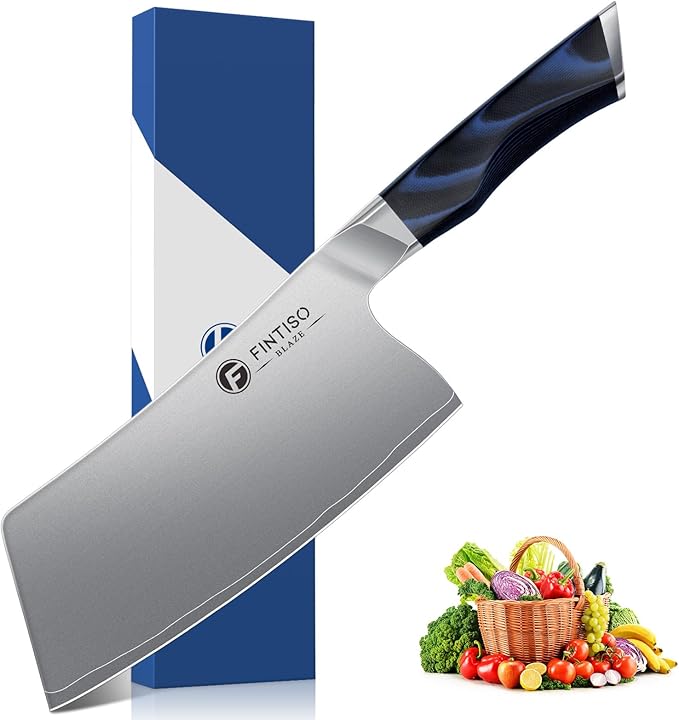 FINTISO Cleaver Knife 7 In, Kitchen Butcher Knife with G10 Ergonomic Handle, High Carbon Steel Vegetable Meat Cleaver, Heavy Duty Bone Chopper for Home and Restaurant