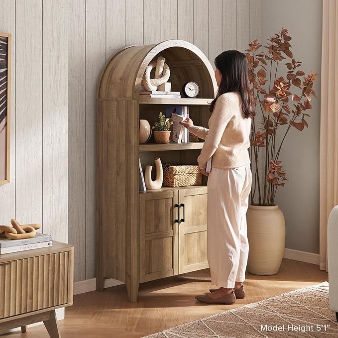 mopio Lauren 65.4" Short Arched Cabinet, 5-Tier Arched Bookcase with Doors and Shelves, Mini Arch Bookshelf with Storage, Wooden Storage Cabinet for Living Room and Kitchen Pantry (Set of 2, Black)