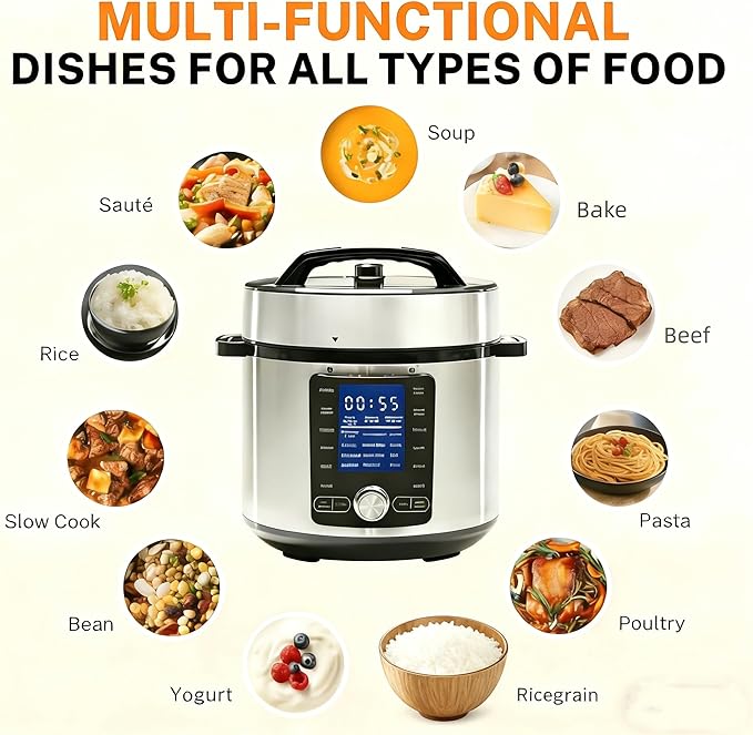 Simple Deluxe Electric Pressure Cooker 8.5 Quart, 24-in-1 Stainless Steel & Non-Stick Multi Cooker for Slow Cooking, Yogurt, Steam, Rice, Poultry, Beef, Bake, Porridge, Dishwasher Safe, Silver