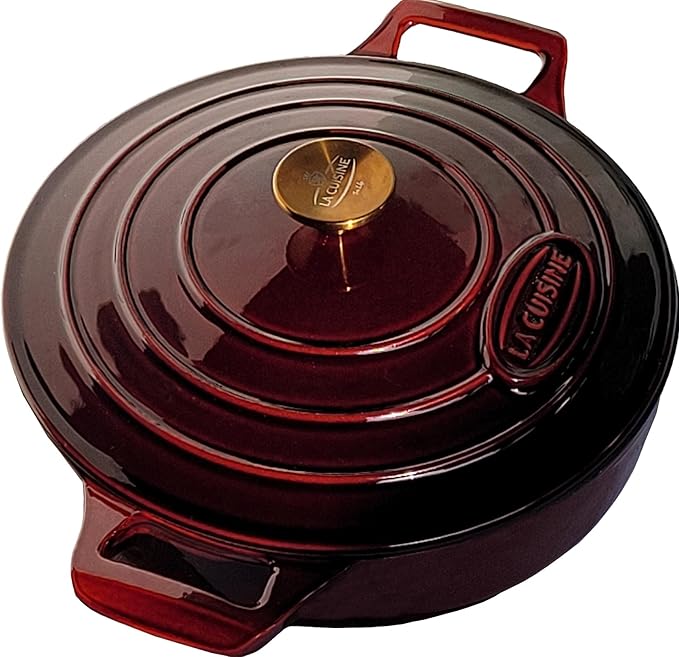 La Cuisine Cast Iron Braiser Shallow Dutch Oven Braising Saute Pan 3.75 QT 11" Dia. Internal Matte Black Enamel Coating, Oven Safe up to 500째 F Cranberry