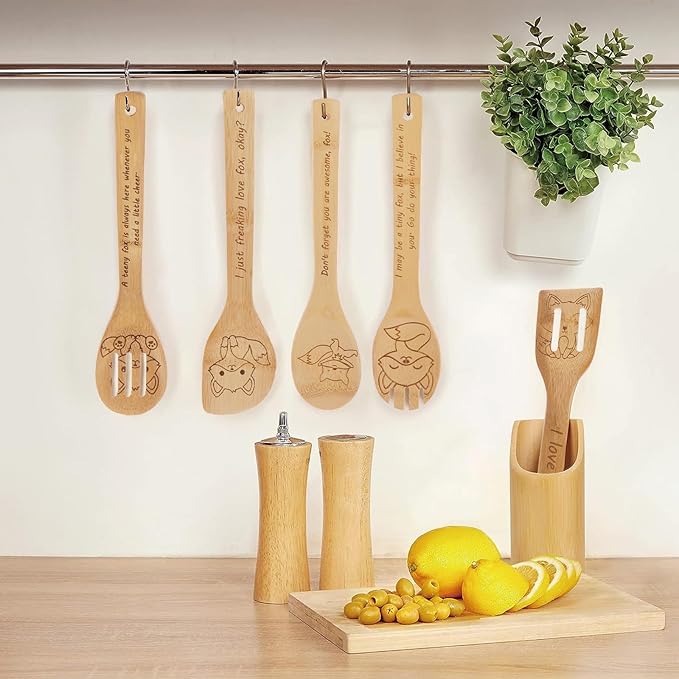 5PCS Fox Wooden Cooking Spoons Kitchen Decor Fox Gifts for Women Men Fox Lovers Birthday Gifts Party Favors Housewarming Wedding Bamboo Cooking Spoons for Everyday Use