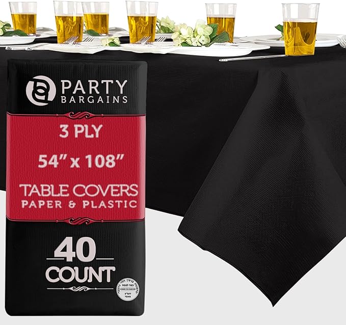 PARTY BARGAINS Disposable Table Covers, 54 x 108 Inch, Black, 3-Ply Paper & Plastic Spill-Resistant Party Tablecloths, 40 Pack