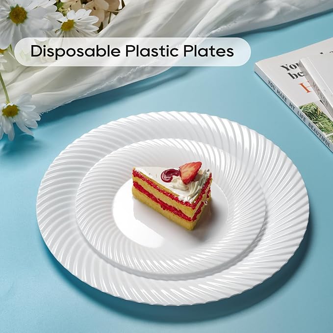 FOCUSLINE 10 Inch White Plastic Plates,100 Count Disposable Heavy Duty Dinner Plates, Premium Hard Plastic for Weddings, Parties and Events