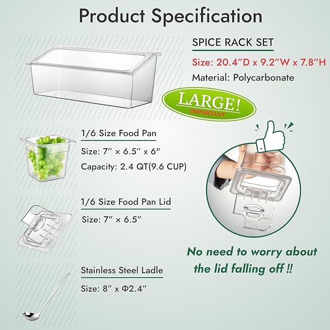 CURTA Commercial Spice Rack Set, NSF Certified, Polycarbonate Inclined Organizer Shelf with 3 1/6 6" Pan(9.6 Cup) & 3 Ladles, Countertop Holder for Seasoning Topping, Freezer Safe