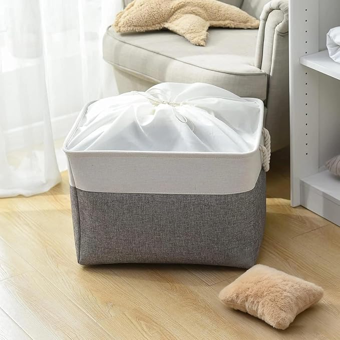 TheWarmHome Storage Bins Baskets for Organizing, 20.5L횞15.7W횞13.8H 3 Pack Sturdy Fabric Storage Basket W/Handles, Decorative Foldable Storage Baskets for Shelves Closet Nursery Toy (White & Grey)