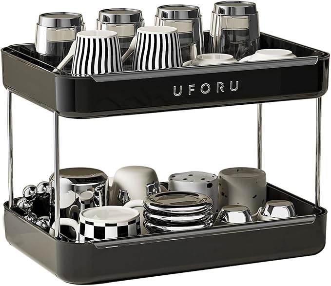 Countertop Coffee Station Organizer, 2 Tier Wine Glass Holder, Mug Display Shelf with Removable Drain Tray, Spice & condiment Rack for Kitchen, Bathroom Countertop Organizer, Black