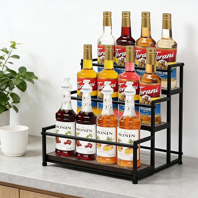 Coffee Syrup Rack Organizer - Metal Bottle Holder for 12 Bottles ??Rustic Countertop Display Shelf for Coffee Bar, Kitchen Cabinet, Pantry Storage for Syrups, Liquor, Spice, Tea & Wine (3-Tier)