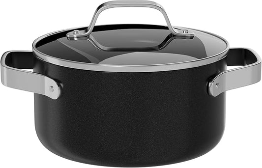 Bakken 3 Quart Ceramic Coated Stock Pot with Lid, Easy to Clean Nonstick Pot, Tempered Glass Lid, Riveted Stainless Steel Handles, Oven Safe Up To 500째F, PTFE & PFAS Free, All Stove Compatible, Black