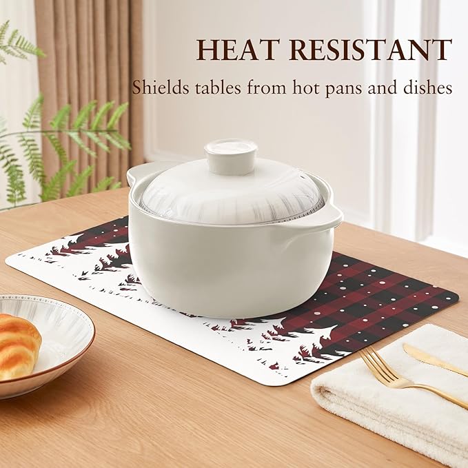 QIYI Christmas Placemats Set of 6, 12x18 Inch Faux Leather Place Mats for Kitchen Dinning, Heat Resistant Anti Slip Winter Table Mats, Waterproof Wipeable Placemat Party Table D챕cor, Red Buffalo Plaid
