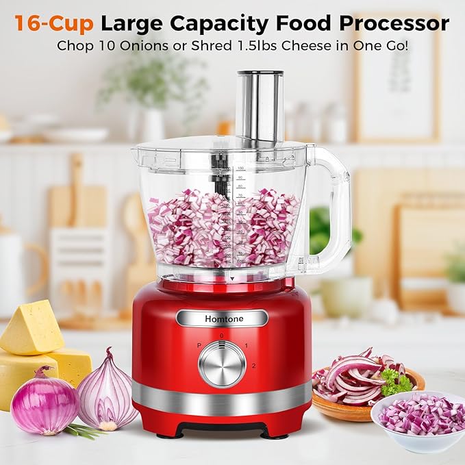 Homtone 16 Cup Food Processor Large, 9 Functions 7 Blades 3 Speeds for Shredding, Slicing, Making French Fries, Chopping Meat, Kneading Dough & Emulsifying, 600W (16 Cup-7 Blades)