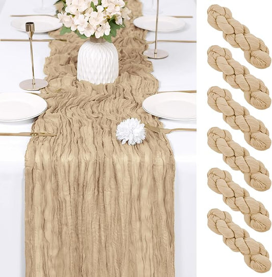 RealBox 6 Pack Beige Cheesecloth Table Runner 17x108 Inch Semi Sheer Boho Gauze Cheese Cloth Fabric Table Runners Table Decor for Wedding Party Baby Shower Birthday Home Decor Garden Farmhouse