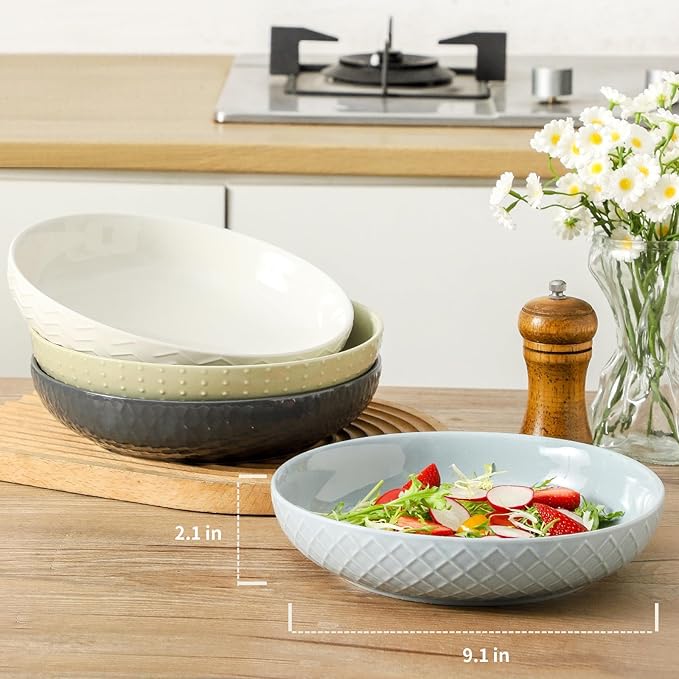 HASENSE Ceramic Pasta Bowls, 42 OZ Ceramic Salad Bowl Set of 4, Large Serving Plate Bowls,Embossment Stoneware Wide and Shallow Pasta Plates for Fruits, Noodle,Colorful