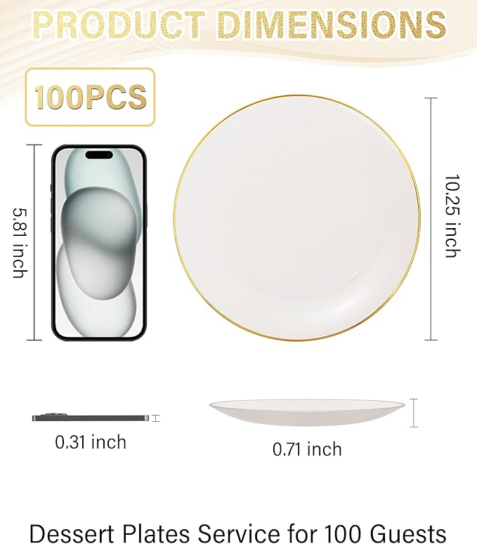 Nervure 100Pcs Ivory and Gold Plastic Plates - 7.5inch Disposable Ivory Dessert/Salad Plates - Heavy Duty Plastic Plate Ideal for Wedding & Party