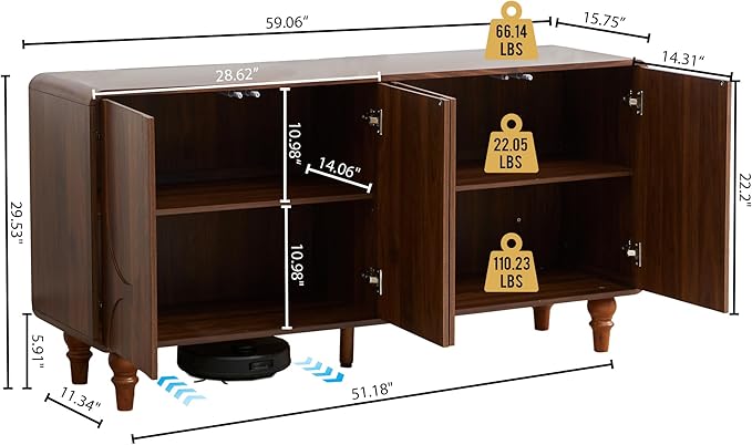 Mid Century Modern Sideboard Buffet Cabinet with Storage, Kitchen Sideboard Credenza Storage Cabinet with Doors and Shelves for Home Coffee Bar, Dining Room, Office, Entryway - Walnut