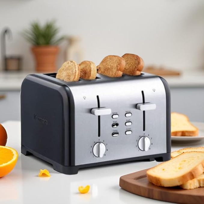 Kenmore Toaster 4 Slice - Extra Wide Slot Countertop Kitchen Appliance, Defrost Function, Grille-Pain, 9 Shade Settings, Easy Clean Crumb Tray, Bread Bagel, Stainless Steel Black
