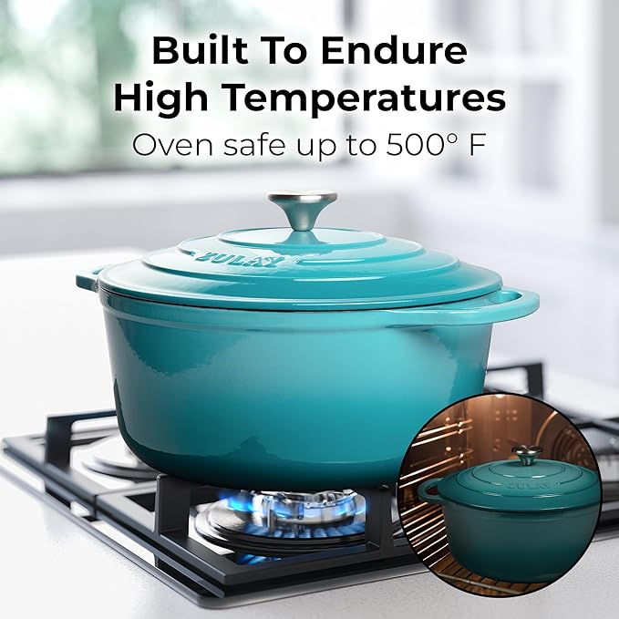 Zulay Kitchen 5 Quart Enameled Cast Iron Dutch Oven Pot with Lid ??Premium Durability & Oven Safe up to 500째F ??Heavy Duty Cookware Perfect for Bread Baking, Stews, Braising & Roasting ??Light Blue