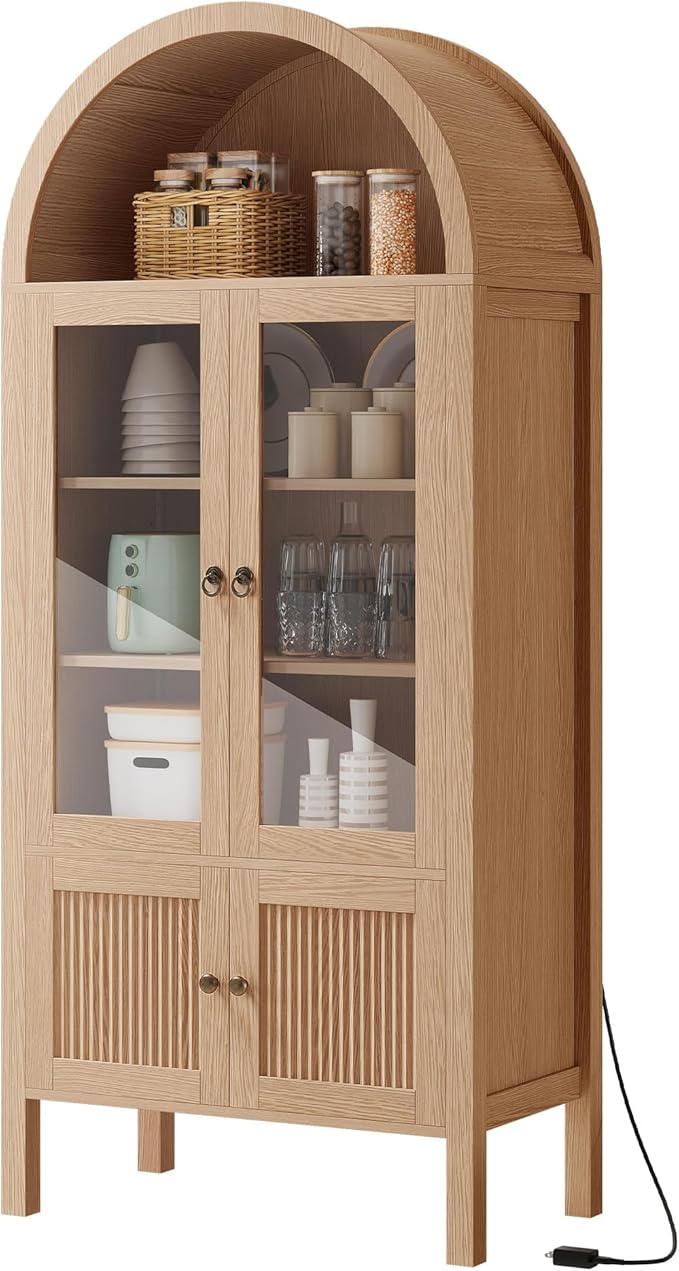 DWVO 71" Tall Arched Kitchen Pantry/Wood Kitchen Storage with Tempered Glass Doors and Adjustable Shelves/Bookcase Cabinet with Storage for Dining Room-Natrual