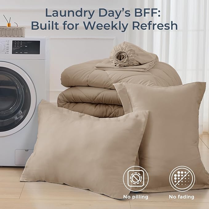 HEVUMYI Khaki Twin Comforter Set - 5-Piece All Season Bed in a Bag Twin, Ultra Soft Bedding Set with Comforter, Flat Sheet, Fitted Sheet, Pillowcases, Pillow Shams