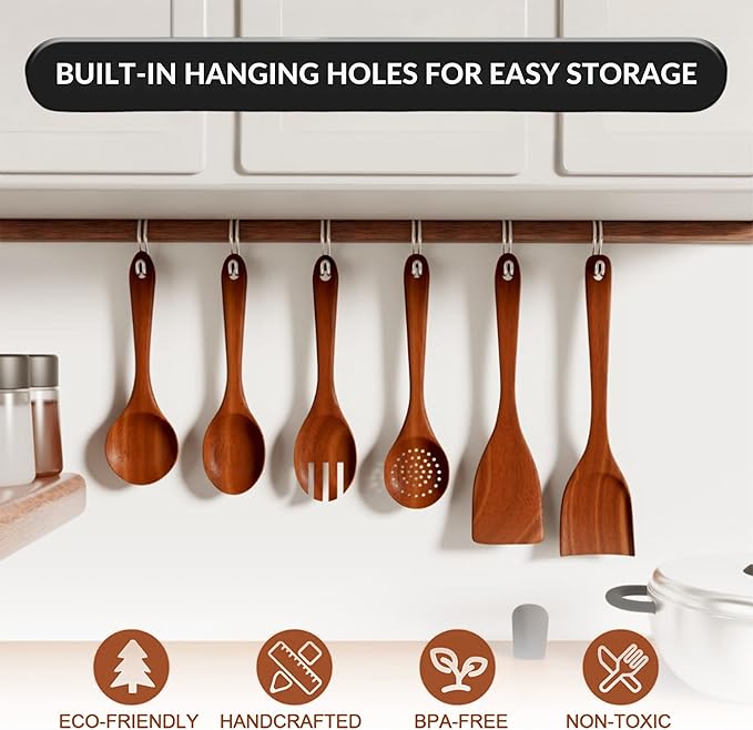 6-Piece Acacia Wood Cooking Utensil Set ??Wooden Kitchen Pan Toolset for Nonstick Cookware ??Includes Spoons & Spatulas ??Non-Scratch, Eco-Friendly Cooking Tools ??Everyday Use - Lifetime Replacements