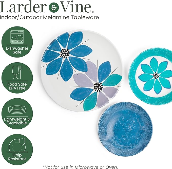 Larder & Vine 12-Piece Melamine Dinnerware Set: Durable, Lightweight, Break-Resistant Plates & Bowls ??Stylish, Non-Toxic, Dishwasher Safe ??Ideal for Everyday Use, Indoor & Outdoor Dining ??Floral