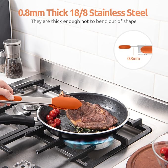 600쨘F Heat Resistant Kitchen Tongs: U-Taste 12 inch Large Silicone Cooking Tong with Sturdy Non Stick Rubber Tips & Silicon Coated 18/8 Stainless Steel Handle & Smooth Locking for Serving Grill-Orange