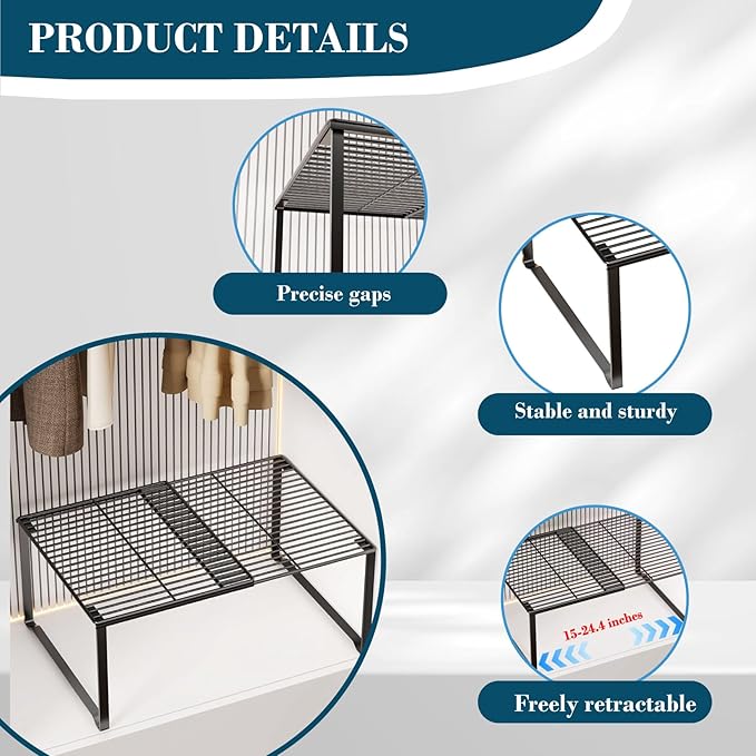 Extendable Metal Wire Shelf Organizer - Adjustable 15-24.4in Length, Stackable Storage Rack for Kitchen/Pantry/Bathroom/Shoe Cabinet/Tool Closet (2,Black)