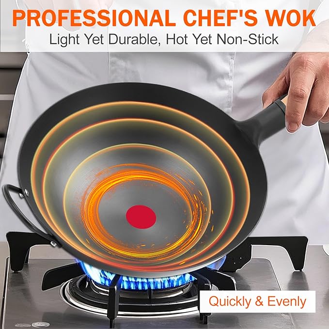 WANGYUANJI Iron Wok,13.38 inchTraditional Round-Bottom Wok, Chef?셲 Professional Stir-Fry Pan with Wooden Handle, Chemical-Free Wok for Gas Stoves and Round-Bottom Induction Stovetop(No lid included)