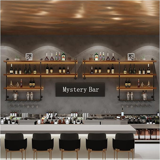 Solid Wood Wall Mounted Wine Rack, Large Wine Rack with LED Light, 4 Tiers Liquor Bottles Floating Shelves with Glass Holder, Industrial Bar Shelves for Home Bar Dining Room (118.1 IN/ 300CM)