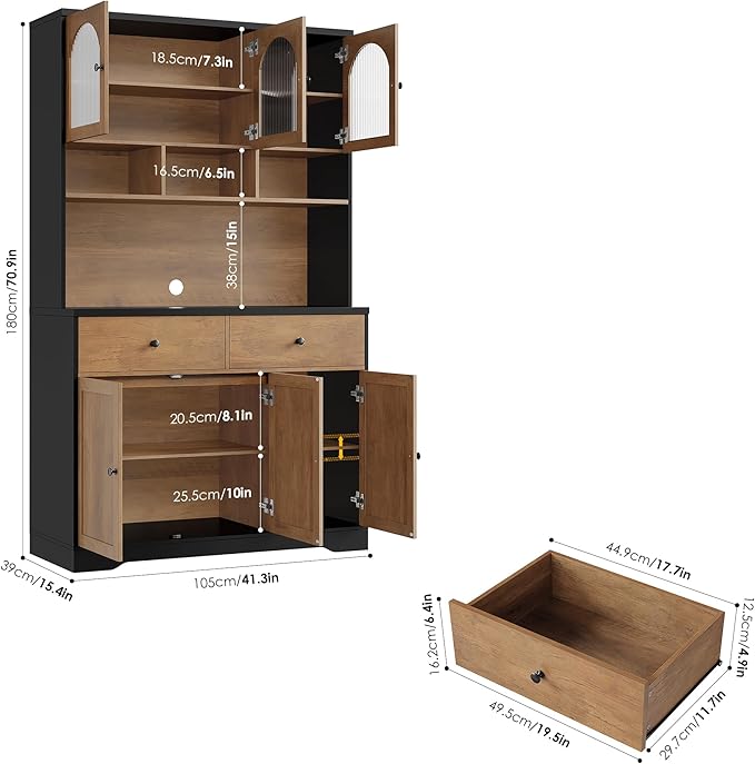FINETONES 71" Pantry Cabinet, Tall Kitchen Pantry Storage Cabinet with Microwave Stand, Modern Kitchen Hutch Food Pantry with Open Countertop and Adjustable Shelf for Dining Room