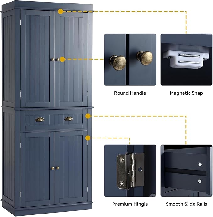 72" Kitchen Pantry Storage Cabinet, Freestanding Cupboard with 2 Cabinets, Drawer and Adjustable Shelves, Tall Storage Cabinet for Kitchen, Dinning Room, Living Room (Dusty Blue)