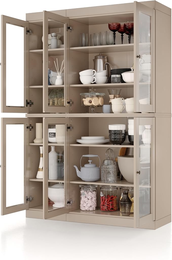 Palace Imports 100% Solid Wood 48.5" Pantry China Cabinet with Clear Glass Doors and Adjustable Shelves (Beige)