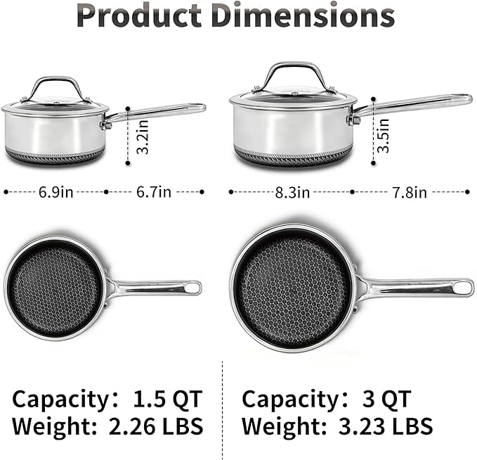 Hybrid Nonstick Saucepan Set of 2 with Lids 1.5 QT and 3 QT, Stainless Steel Honeycomb Pans with Side Pour Spouts,Compatible with All Cooktops,Dishwasher and Oven Safe