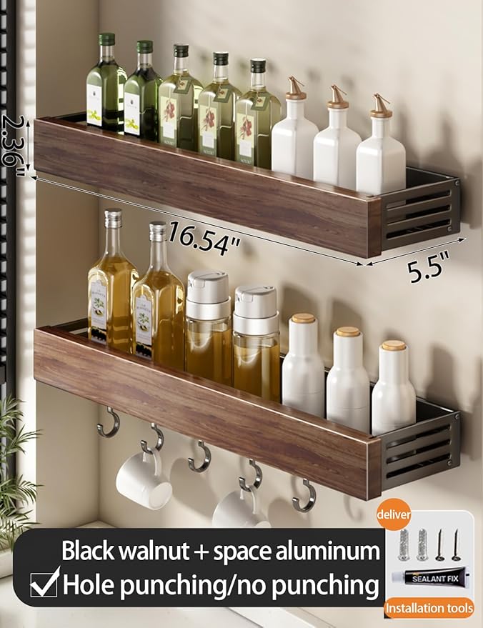 spice rack wood kitchen spice rack wall mounted adjustable adhesive or screw, hung on the door and wall, black large rack for storing items in refrigerators and ovens