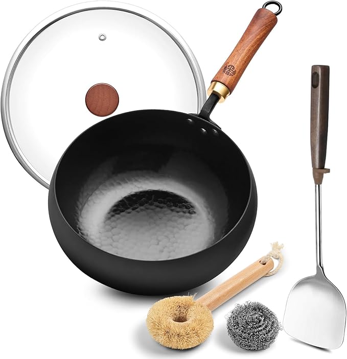 WANGYUANJI Wrought Iron Flat Bottom Wok with Glass Lid ??Detachable Wooden Handle, Non-Coated Naturally Nonstick Frying Pan for Gas, Electric & Induction Stoves (Black Deep-Bowl Wok, 9.5 inch)