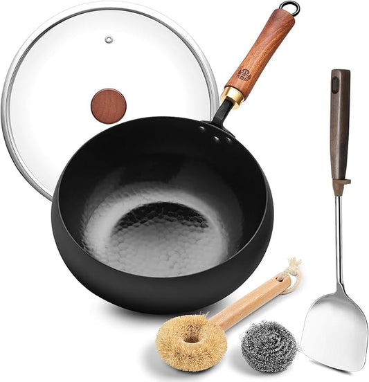 WANGYUANJI Wrought Iron Flat Bottom Wok with Glass Lid ??Detachable Wooden Handle, Non-Coated Naturally Nonstick Frying Pan for Gas, Electric & Induction Stoves (Black Deep-Bowl Wok, 9.5 inch)