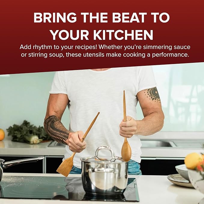Drumstick Kitchen Utensils (2-Pc Set) - Beechwood Wooden Spoons, Drumstick Cooking Utensil Set, Funny Kitchen Gadgets, Unique Gifts for Drummers, Musicians, Men, Women