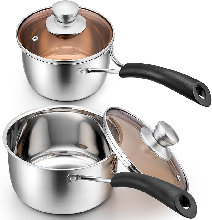 P&P CHEF 1 & 2 Quart Saucepan Small Pot, Stainless Steel Saucepan with Lid, Small Sauce Pan for Home Kitchen Restaurant Cooking, Visible Glass lid & Bakelite Heat-Proof Handles,Dishwasher Safe, 2 Pcs