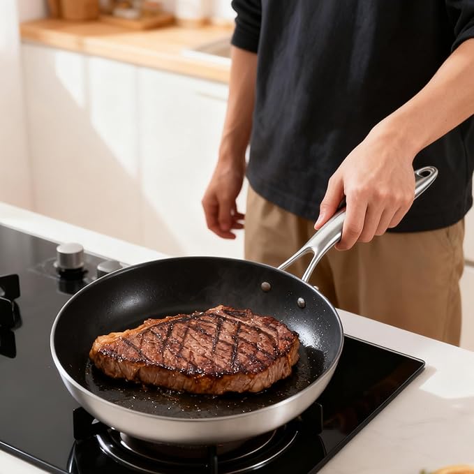 8-inch stainless steel frying pan with lid, hybrid non-stick skillet for induction, small fry pan induction compatible, non-toxic chef's pan, pfoa-free cookware