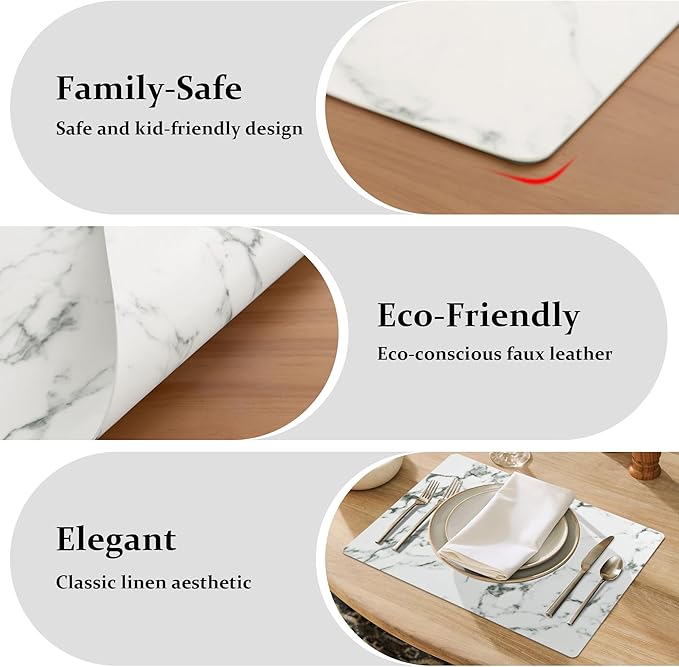 FROMHEART Faux Leather Placemats Set of 6?밯aterproof,Heat/Oil Stain-Resistant PU Table Mat?밨eversible,Easy to Clean Place Mats for Kitchen,Dining,Indoor/Outdoor,(Marble,11.8" x 17")